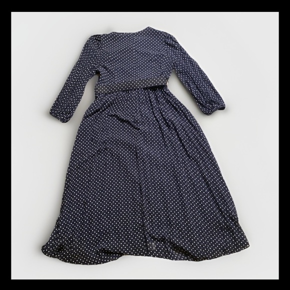 Chicwish Navy Polka Dot Midi Dress Pleated Long Sleeve Belted - Picture 4 of 16